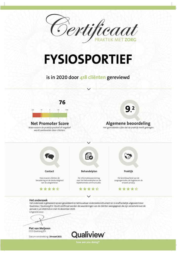 Certificaat Praktijk met Zorg fysiosportief 2020